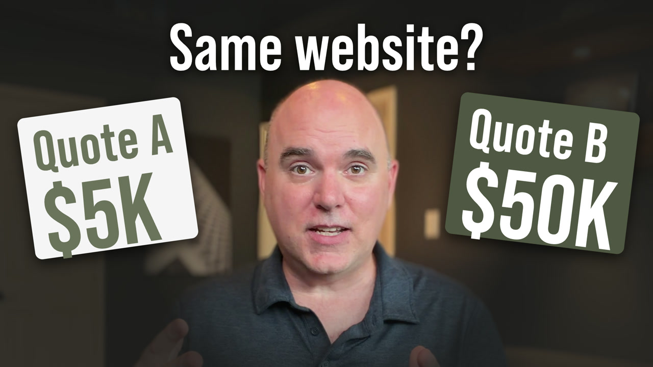Rodney Warner between two price tags, Quote A $5K and Quote B $50K, under the question Same website?
